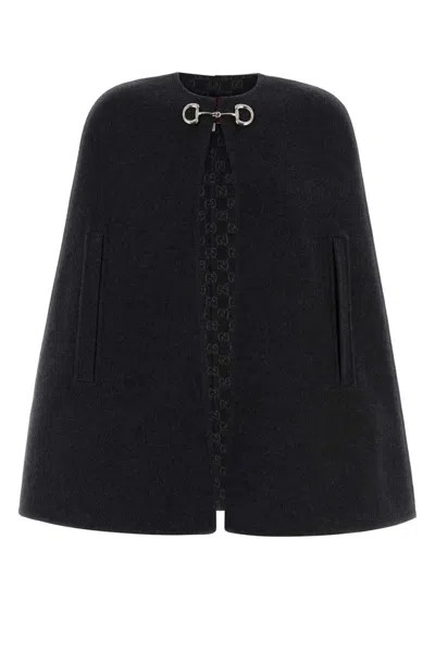 Gucci Wool And Silk Cape With Clamp In Black