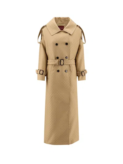 Gucci Wool And Silk Crepe Coat With All-over Gg Motif