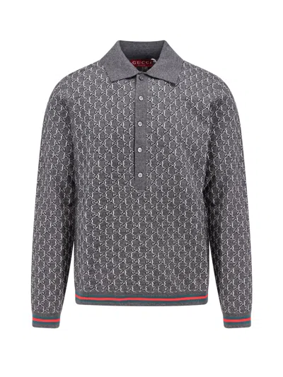 GUCCI WOOL AND SILK POLO SHIRT WITH GG MOTIF