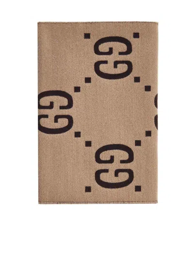 Gucci Wool And Silk Scarf With Gg Jacquard Pattern In Brown