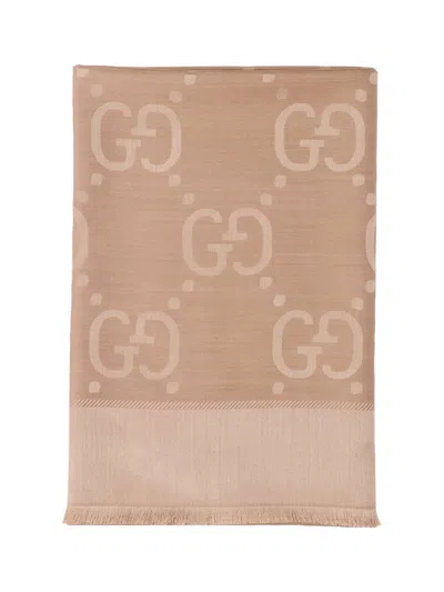 Gucci Wool And Silk Shawl "gg" In Brown