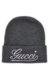 Gucci Wool Beanie With Front Embroidered Logo In Pastel Purple In Gray