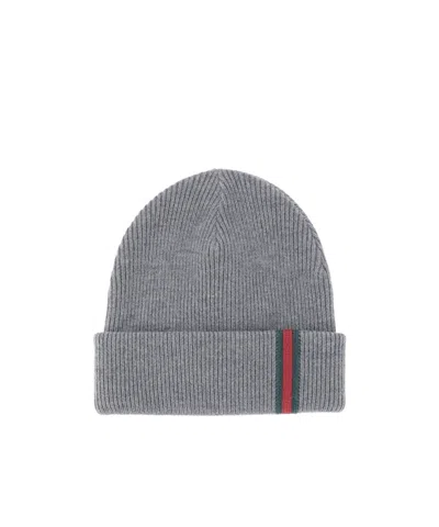 Gucci Wool Beanie With Webbed Ribbon In Gray