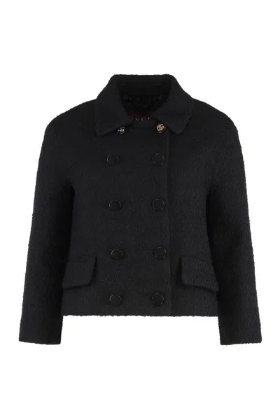 Gucci Double-breasted Wool Jacket Featuring Pockets In Black