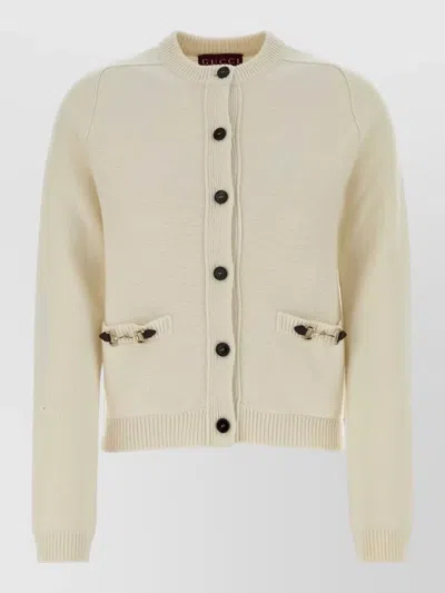 Gucci Wool Blend Cardigan Front Pockets Long Sleeves In Neutral