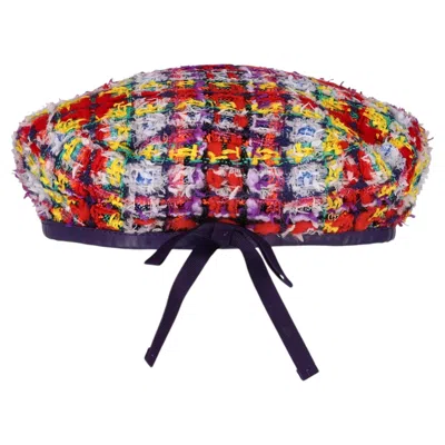 Pre-owned Gucci Wool Blend Checked Tweed Beret With Calfskin Leather Trim In Pink