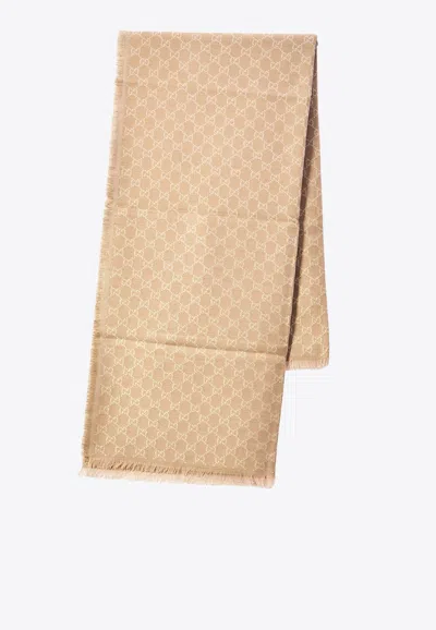 Gucci Wool-blend Monogram Scarf In Sand