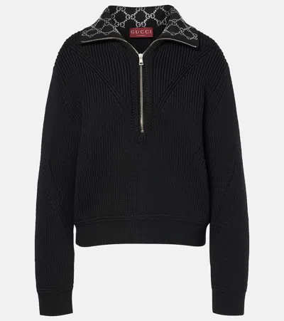 Gucci Crystal-embellished Ribbed Wool Sweater In Black