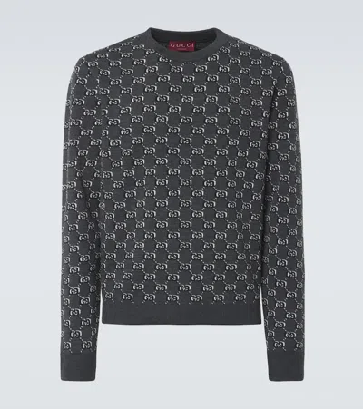 Gucci Men Grey Crewneck Sweater With Jacquard Gg Shadow In Wool Man In Blue
