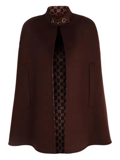 Gucci Brown Cape With Iconic Clamp And Gg All-over Motif Interior In Wool Woman