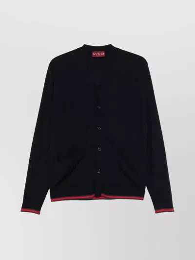 Gucci Knitted Wool Cardigan With Web Pattern In Black