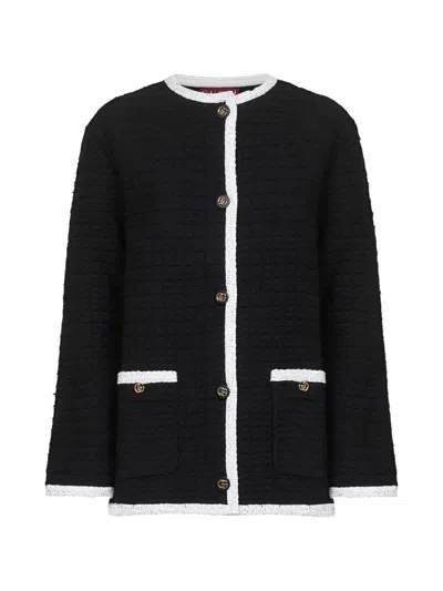 Gucci Tweed Wool Cardigan With Embroidery In Black