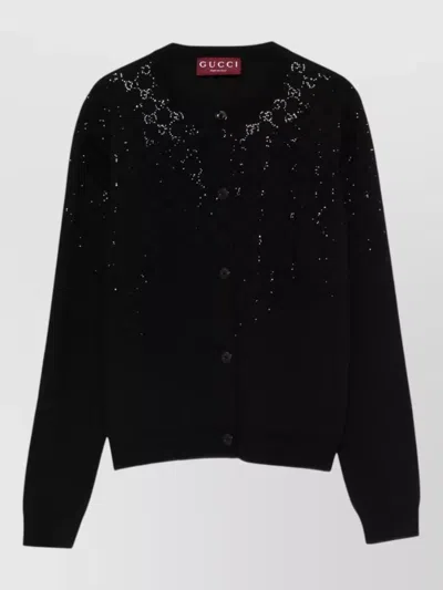 Gucci Wool Cardigan Round Neck Sequin Ribbed Trims In Black