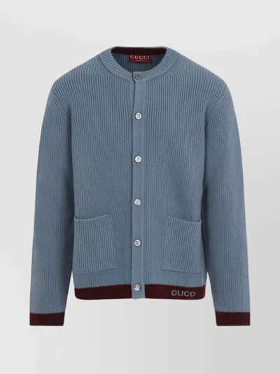 Gucci Wool Cardigan With Contrast Trim And Front Pockets In Blue