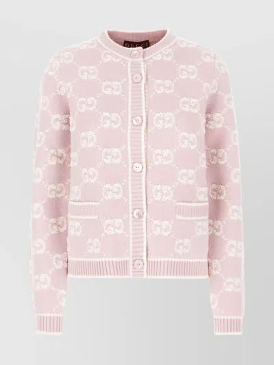 Gucci Wool Cardigan With Embroidered Front Pockets In Pink