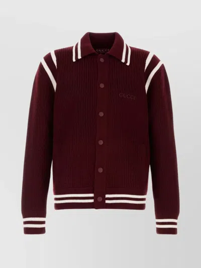 Gucci Wool Cardigan With Front Pockets And Ribbed Texture In Red