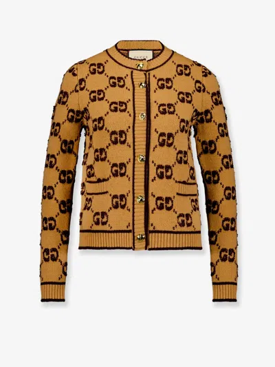 Gucci Wool Cardigan With Gg Inlay In Brown