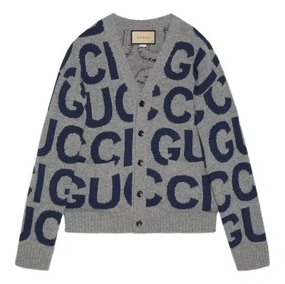 Gucci Wool Cardigan With  Intarsia 'grey Bue' In Gray