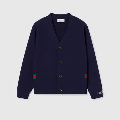 Gucci Kids' Wool Cardigan With Web In Blue