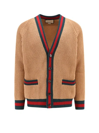 Gucci Wool Cardigan With Web Detail In Brown
