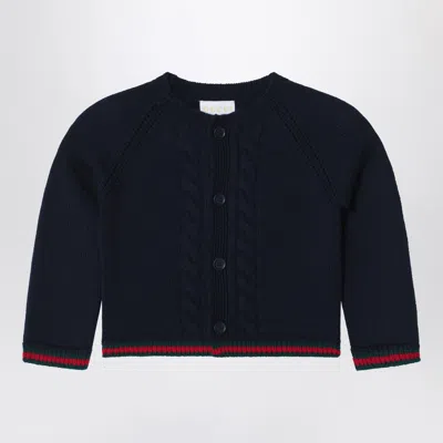 Gucci Wool Cardigan With Web Tape In Blue