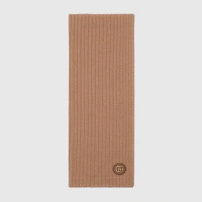 Gucci Knit Wool Scarf With Patch In Beige