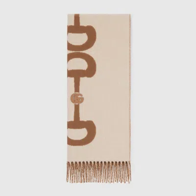 Gucci Wool Cashmere Scarf With Intarsia In Neutral