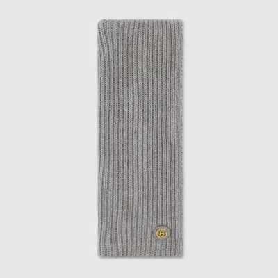 Gucci Wool Cashmere Scarf With Patch In Grey