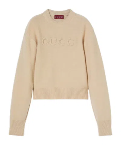 Gucci Wool Cashmere Sweater With Embroidery In Brown