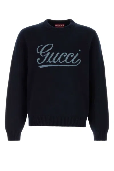 Gucci Men Blue Crewneck Sweater With Logo Embroidery On The Front In Wool Man