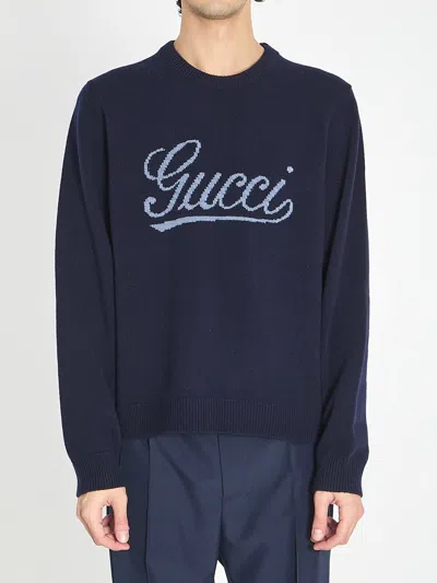 Gucci Wool Crew Neck Sweater Intarsia Lettering In Blue