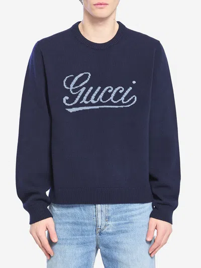 Gucci Wool Craw Neck Sweater In Blue