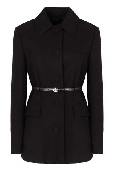 Gucci Black Jacket With Classic Collar And Belt With Double G Detail In Leather Woman In Animal Print