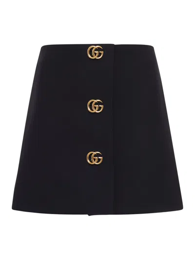 Gucci Wool Crepe Skirt With Double G Button In Black