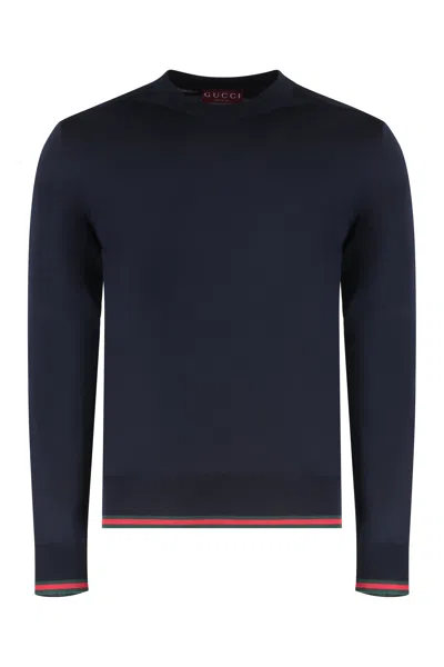Gucci Wool Crew-neck With Web Stripe Sweater In Blue