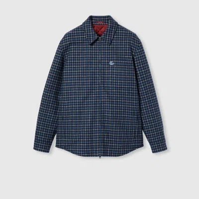 Gucci Wool Flannel Zip Jacket With Embroidery In Blue