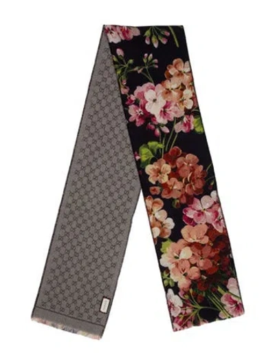 Pre-owned Gucci Wool Floral Print Scarf In Blue