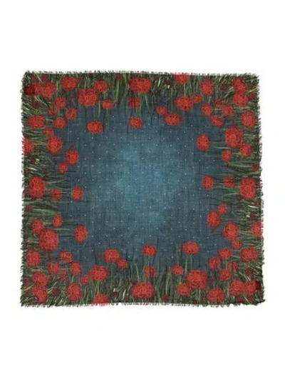 Pre-owned Gucci Wool Floral Print Scarf In Blue/red