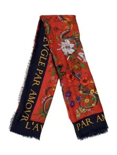 Pre-owned Gucci Wool Floral Print Scarf In Orange