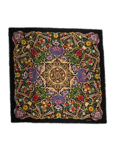 Pre-owned Gucci Wool Floral Print Shawl In Black