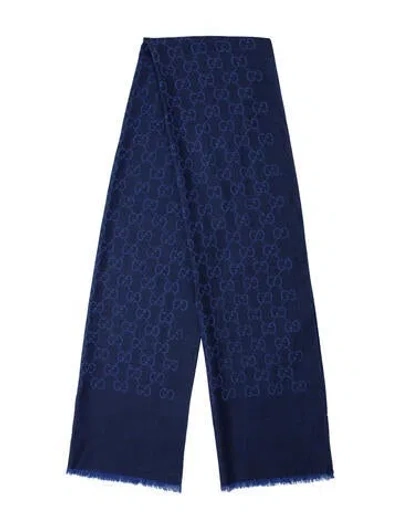 Pre-owned Gucci Wool Gg Logo Scarf In Blue