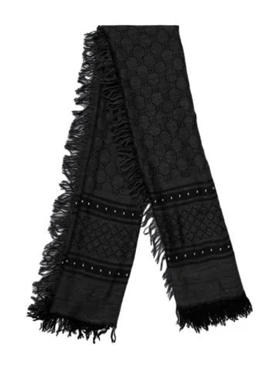Pre-owned Gucci Wool Gg Logo Scarf In Grey