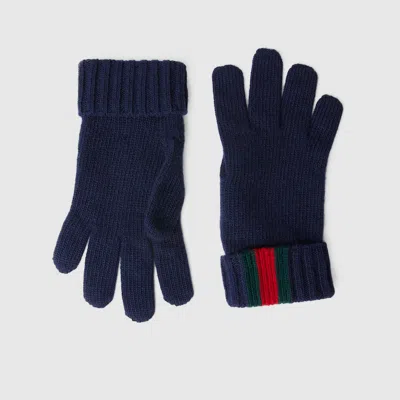 Gucci Kids' Wool Gloves With Web In Blue