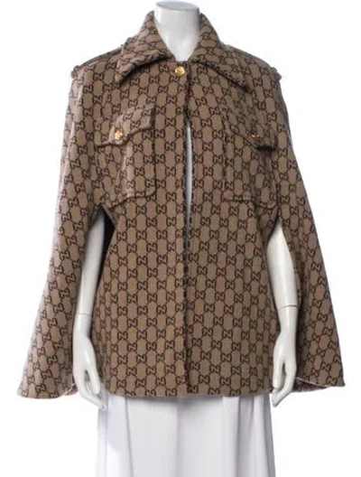 Pre-owned Gucci Wool Graphic Print Cape In Brown