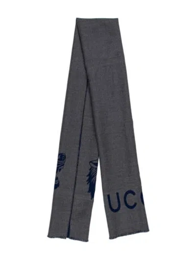 Pre-owned Gucci Wool Graphic Print Scarf In Grey