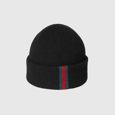 Gucci Wool Hat With Web In Black