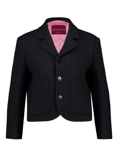 Gucci Women Grey Single-breasted Jacket With Notched Revers In Wool Woman In Gray