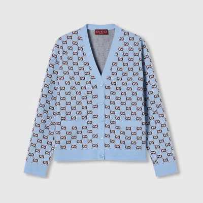 Gucci Wool Jacquard Cardigan With Gg Shadow In Blue