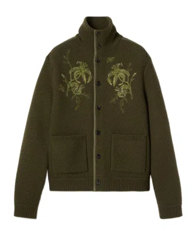 Gucci Wool Knit Cardigan With Embroidery In Green