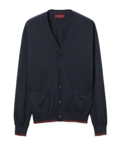 Gucci Knitted Wool Cardigan With Web Pattern In Black